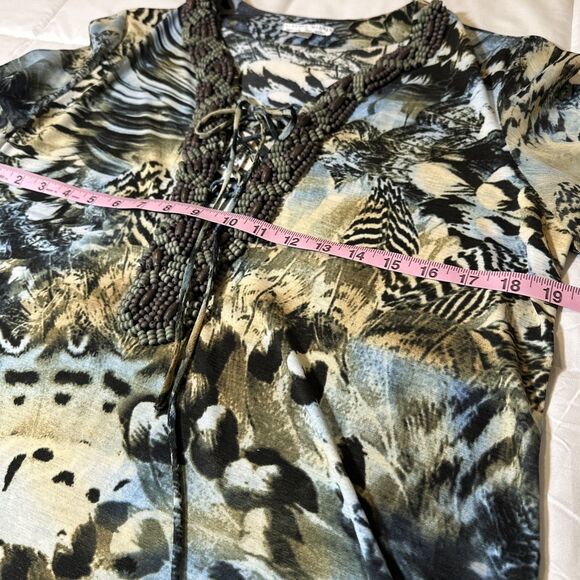 ALBERTO MAKALI Blue Green Floral Print Beaded Lace Up V-Neck Size L Sheer Sleeve - Picture 9 of 11